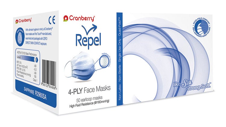 Cranberry Repel 4-PLY Earloop Face Masks, 400 masks/case (CR-R2960GO/SA/SI, Gold/Amber, Sapphire, or Silver/Pearl)