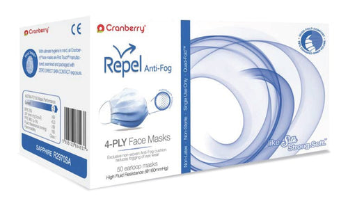 Cranberry Repel Anti-Fog 4-PLY Earloop Face Masks, 400 masks/case (CR-R2970SA/SI, Sapphire or Silver/Pearl)