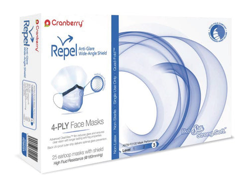 Cranberry Repel Anti-Glare Wide-Angle Shield 4-PLY Earloop Face Masks, 100 masks/case (CR-R2980SA/SI, Sapphire or Silver/Pearl)