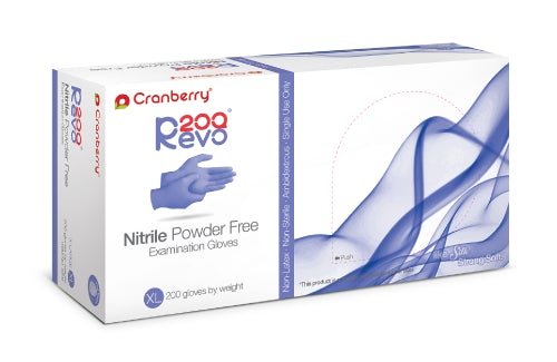Cranberry Revo200 Nitrile Powder Free Exam Gloves, 2000 gloves/case (CR-3205/6/7/8/9, Sizes X-small to X-large)