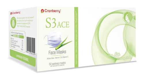 Cranberry S3 ACE Earloop Face Masks with Aloe Vera, Vitamin C & E, 400 masks/case (CR-S3080B/L/P/W, Blue, Lavender, Pink, or White)