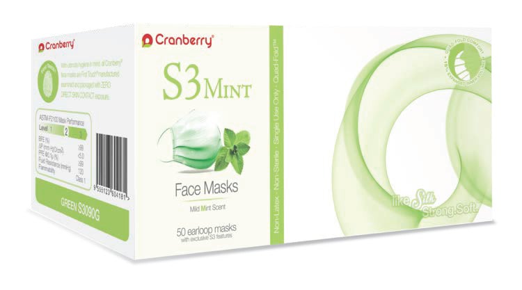 Cranberry S3 Mint Earloop Face Masks with Mild Refreshing Mint (CR-S3090B/G/L/Y, Blue, Green, Lavender, or Yellow)