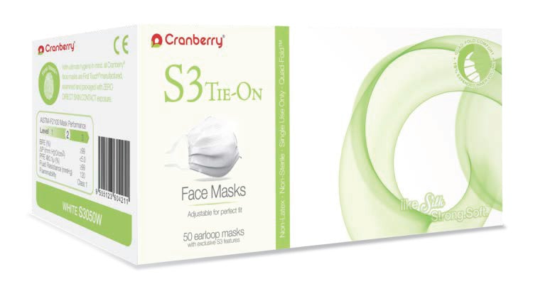 Cranberry S3 Tie-On Face Masks, 400 masks/case (CR-S3050B/W, Blue or White)