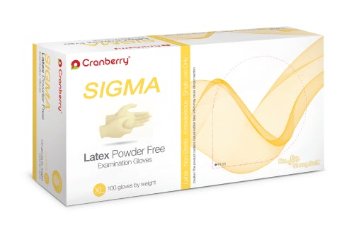 Cranberry Sigma Latex Powder Free Exam Gloves, 1000 gloves/case (CR-5815/6/7/8/9, Sizes X-small to X-large)