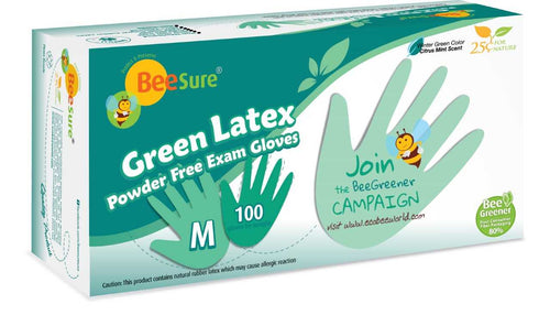 BeeSure Green Latex Powder Free Exam Gloves (BE-2835/6/7/8, Sizes X-small to Large), 1000 gloves/case