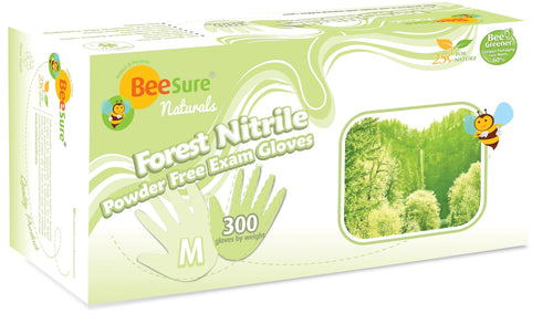 BeeSure Naturals Forest Powder Free Nitrile Exam Gloves, 3000 gloves/case (BE-2945/6/7/8, Sizes X-small to Large)