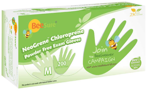 BeeSure NeoGrene Chloroprene Powder Free Exam Gloves, 2000 gloves/case (BE-1185/6/7/8/9, Sizes X-small to X-large)