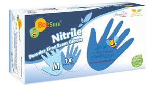 BeeSure Nitrile Powder Free Exam Gloves, 1000 gloves/case (BE-1115/6/7/8/9, Sizes X-small to X-large)