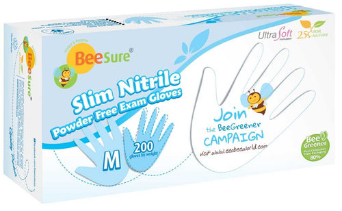 BeeSure Slim Nitrile Powder Free Exam Gloves, 2000 gloves/case (BE-1125/6/7/8/9, Sizes X-small to X-large)