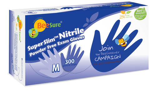 BeeSure SuperSlim Nitrile Powder Free Exam Gloves, 3000 gloves/case (BE-1145/6/7/8, Sizes X-small to Large)